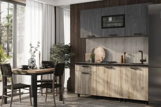 Кухонный гарнитур Hoff Эдинбург, 180х216х60, цвет дуб крафт серый, железный камень, чёрный матовый